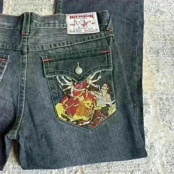 True Religion Rare‎ Embroidered Hindu God Billy Vintage Wide Leg Jeans 36x28 - Picture 7 of 12